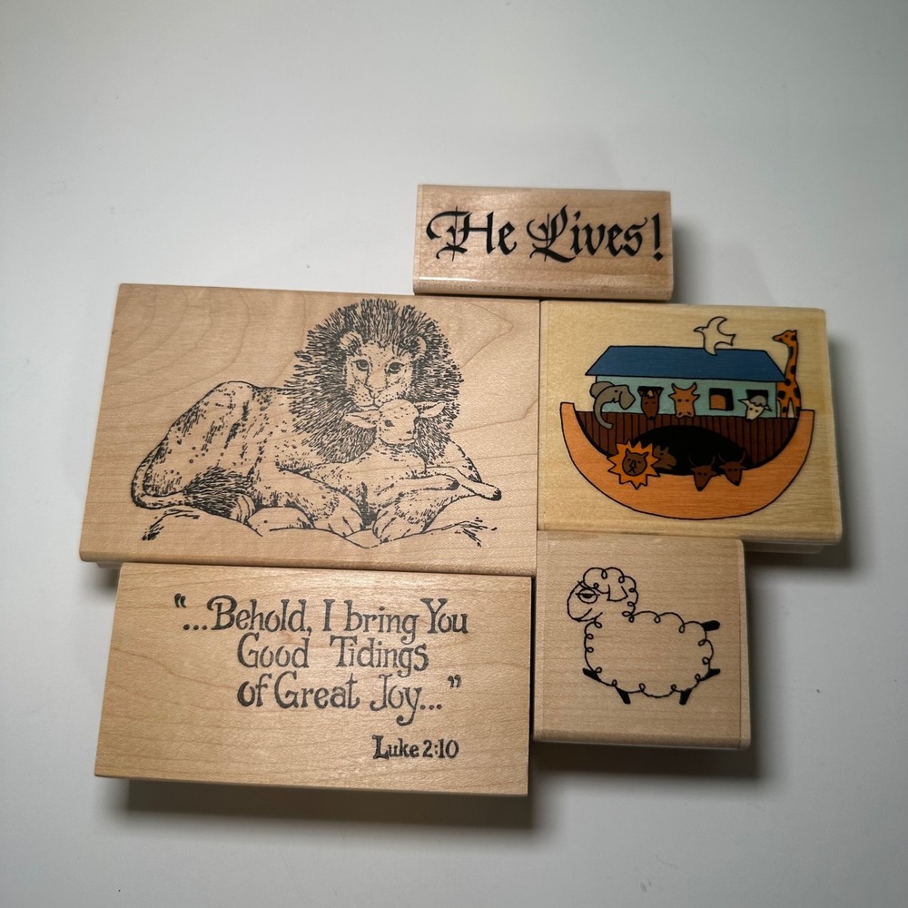 Christian Religious Wood Mounted Rubber Stamp Lot Lion Lamb‎ Noahs Ark 5pc